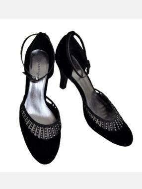 Predictions Black Studded Velvet Fabric Feel Dressy 3" Stiletto High Heels Shoes